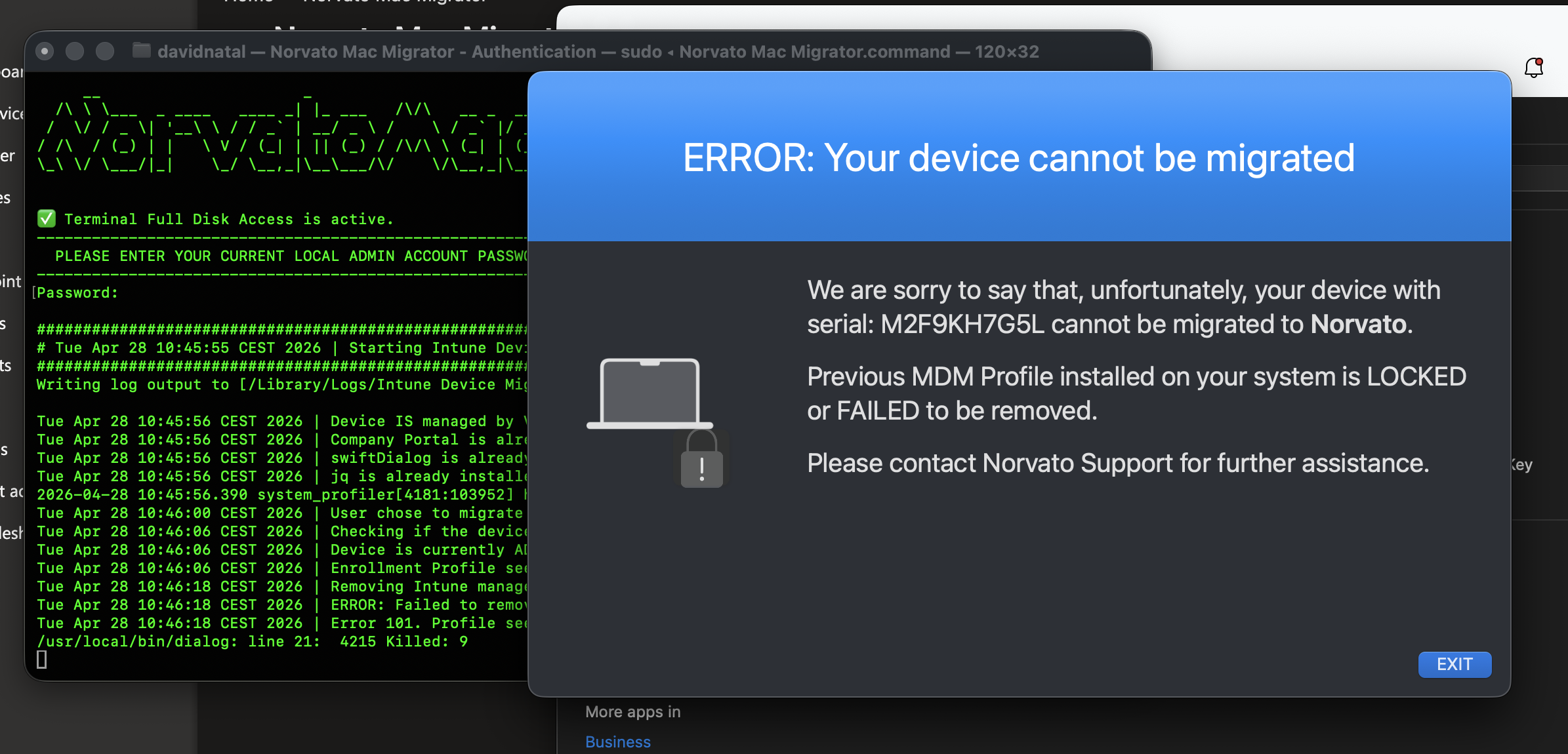 Failed to remove profile