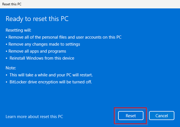 Start the Reset Process